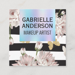 Holographic Gradient Flowers and Butterflies Square Business Card