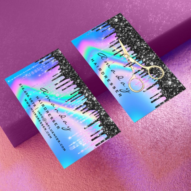 Holographic Hair Salon Beauty Black Drips Scissors Business Card (Holographic Hair Salon Beauty Black Drips Scissors Business Card)
