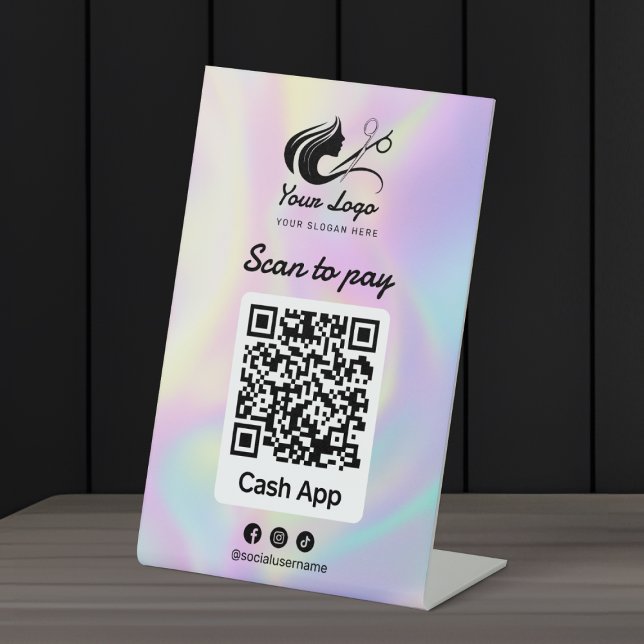 Holographic Hair Salon Logo Cashapp Scan to Pay Pedestal Sign (Creator Uploaded)