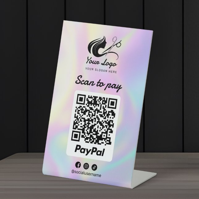 Holographic Hair Salon Logo Paypal Scan to Pay Pedestal Sign (Creator Uploaded)