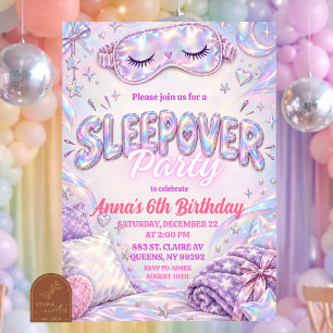Holographic Iridescent Girl Sleepover Birthday Invitation