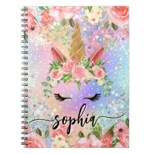 Holographic Iridescent Glitter Floral Gold Unicorn Notebook