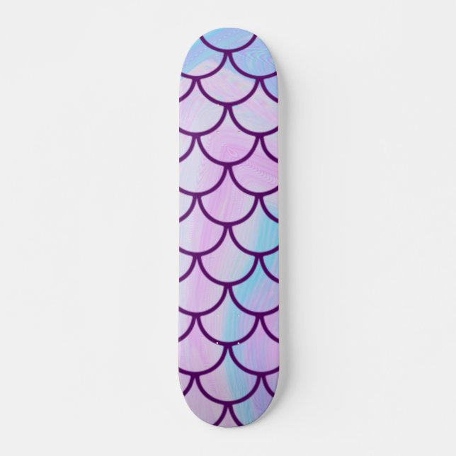Holographic Iridescent Mermaid Scales Girly Pink Skateboard (Front)