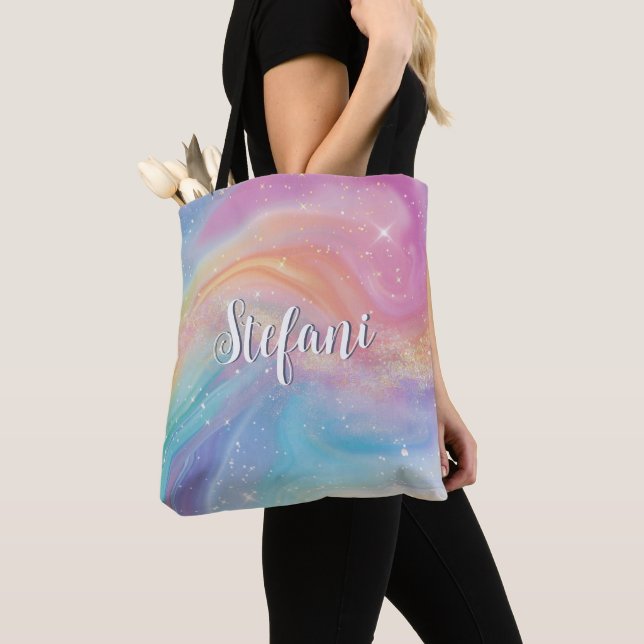 Holographic Iridescent Rainbow Unicorn Personised Tote Bag (Close Up)