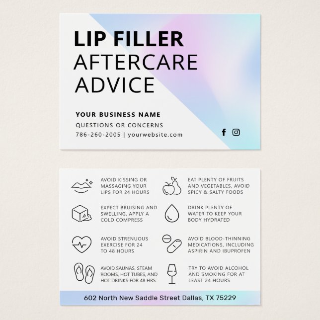 Holographic Lip Filler Aftercare Instructions Card (Front & Back)