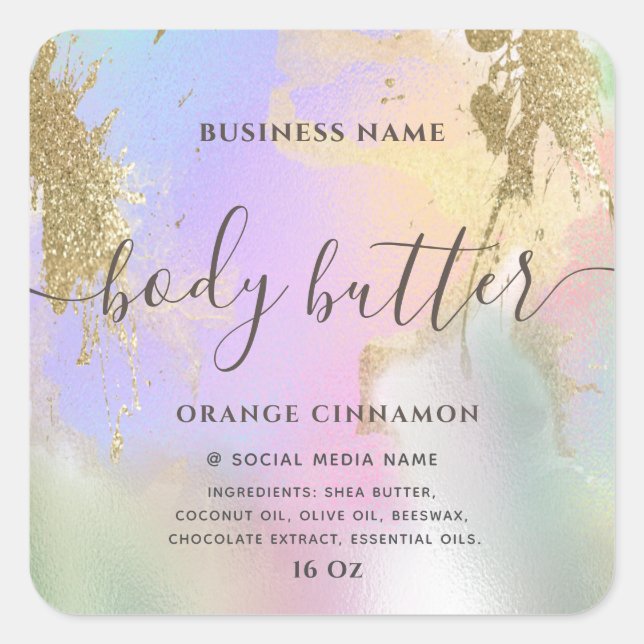 Holographic liquid glitter gold  modern script  square sticker (Front)