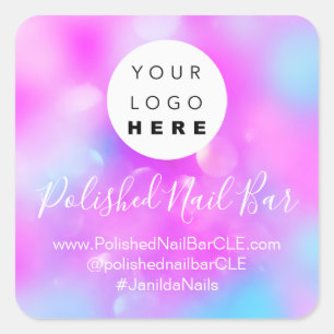 Holographic Logo Company Name Nail Pink Blue Square Sticker