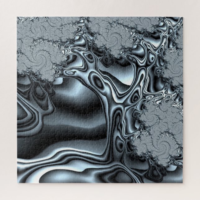 Holographic Look Fractal Tree in Silvery Blue Jigsaw Puzzle (Vertical)