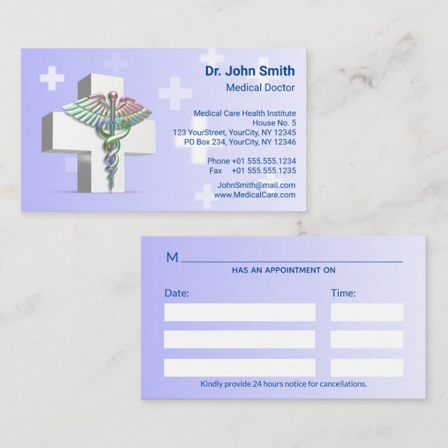 Holographic Medical 3D Caduceus White Cross Appointment Card (Front/Back)