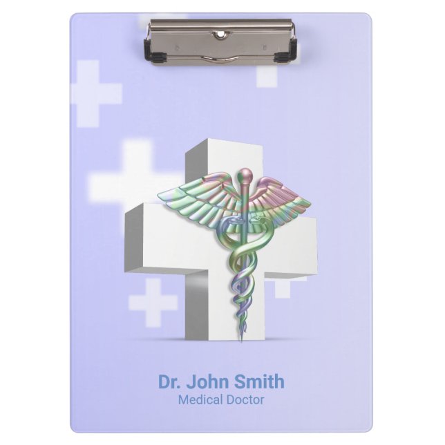 Holographic Medical 3D Caduceus White Cross Clipboard (Front)