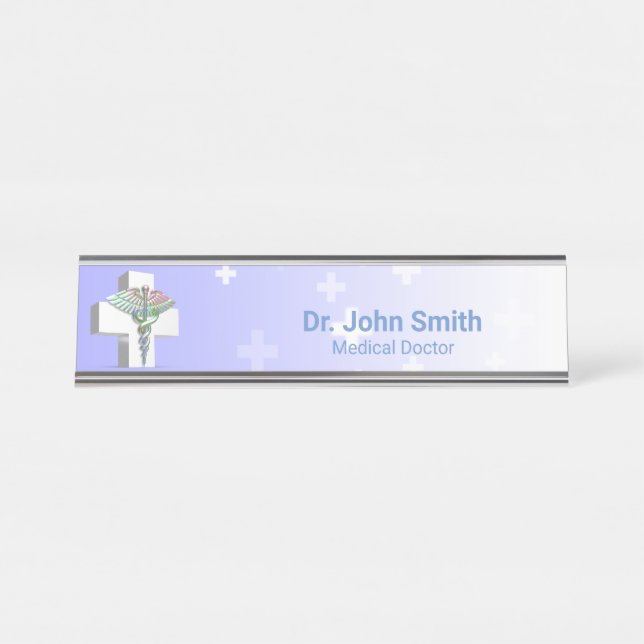 Holographic Medical 3D Caduceus White Cross Desk Name Plate (Front)