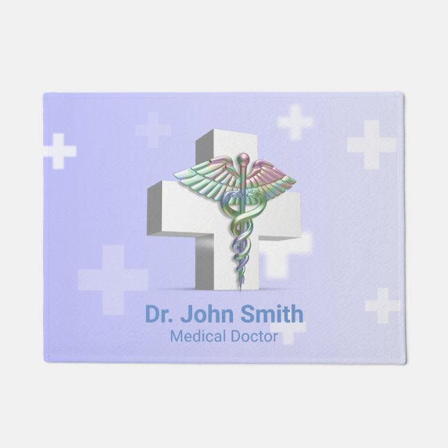 Holographic Medical 3D Caduceus White Cross Doormat (Front)