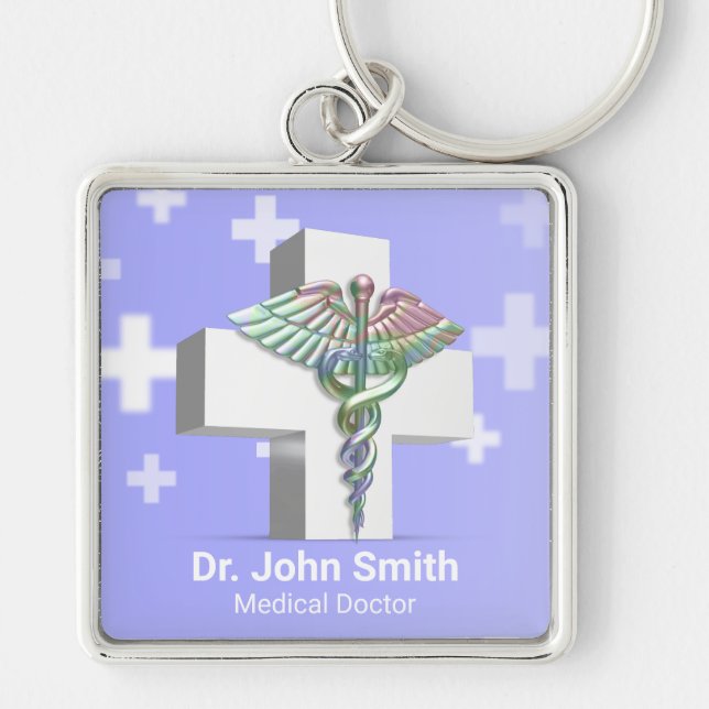 Holographic Medical 3D Caduceus White Cross Key Ring (Front)