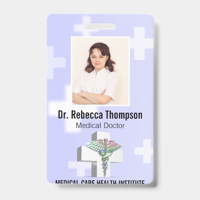 Holographic Medical 3D Caduceus White Cross Photo ID Badge (Front)