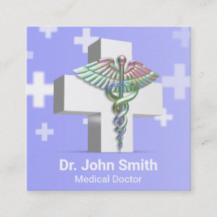 Holographic Medical 3D Caduceus White Cross Square Business Card