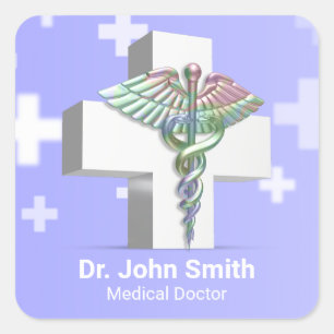 Holographic Medical 3D Caduceus White Cross Square Sticker