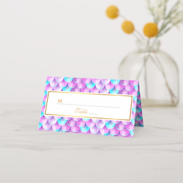 Holographic mermaid pattern blue purple place card (Front)