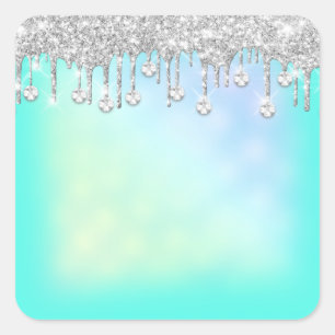 Holographic Mint Blue Diamond Drips Bridal Shower Square Sticker