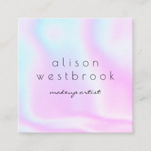 Holographic modern makeup artist chic pink rainbow square business card