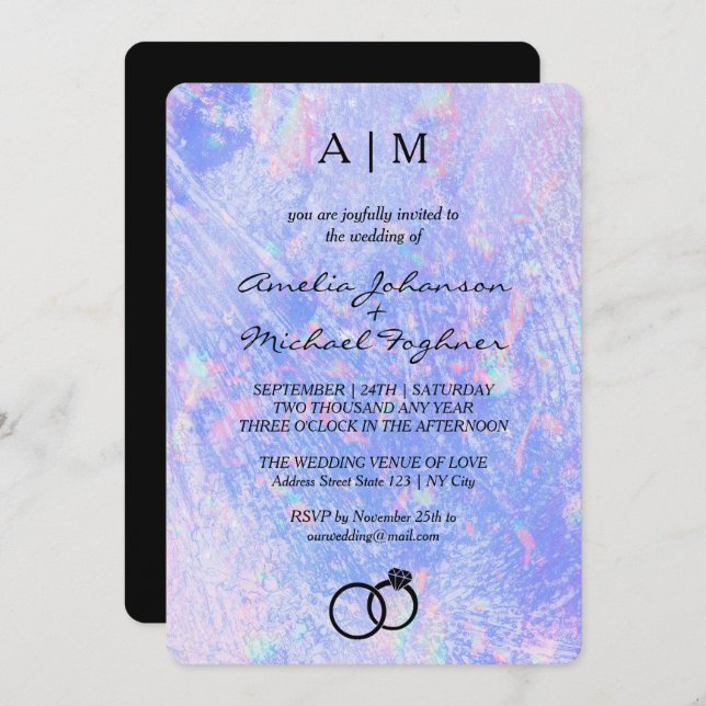 Holographic Modern Monogram Wedding Invitation  (Front/Back)