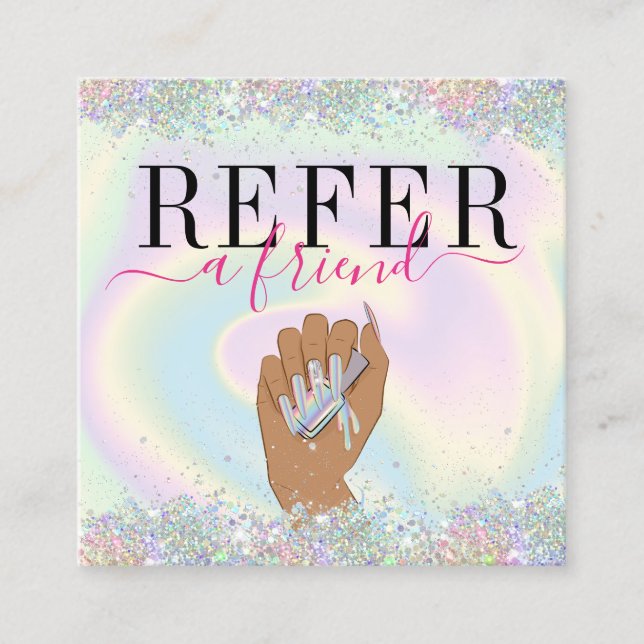 holographic nail salon woman hand nail technician  square business card (Front)