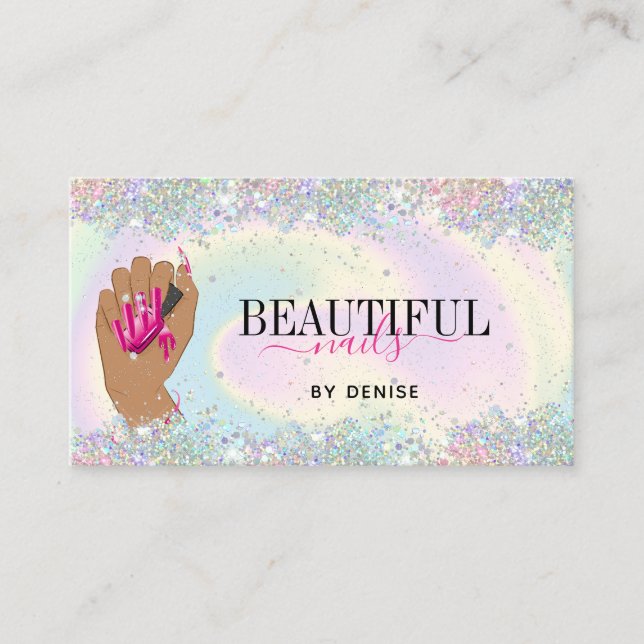 holographic nail salon woman hand nails technician business card (Front)
