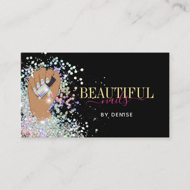 holographic nail salon woman hand nails technician business card (Front)