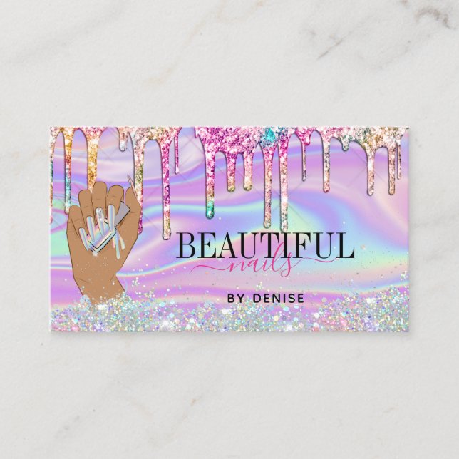 holographic nail salon woman hand nails technician business card (Front)