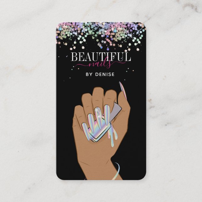 holographic nail salon woman hand nails technician business card (Front)