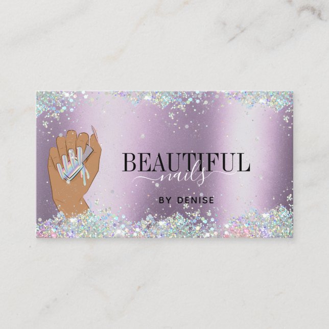 holographic nail salon woman hand nails technician business card (Front)