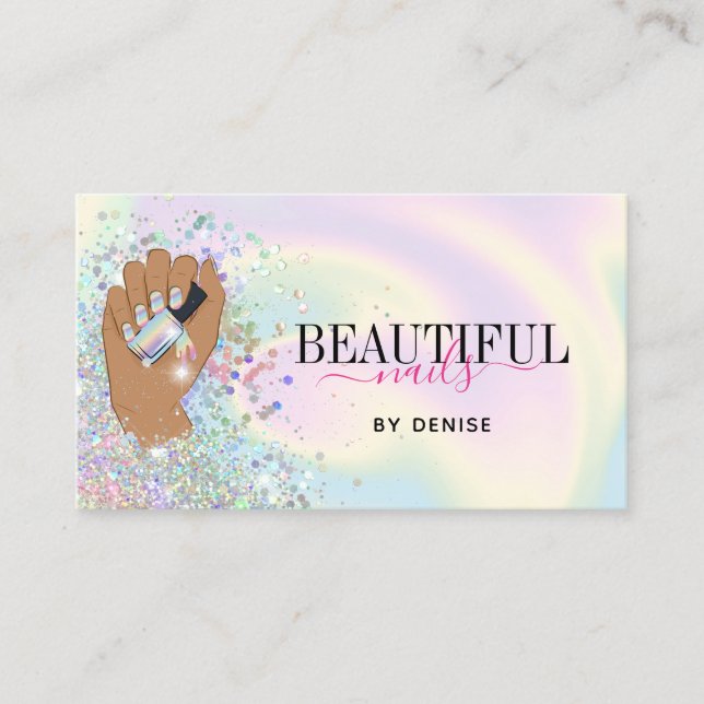 holographic nail salon woman hand nails technician business card (Front)
