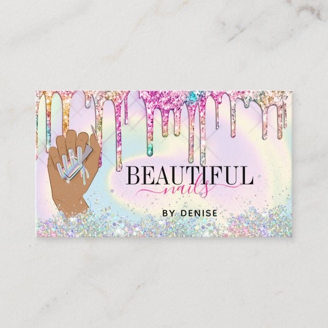 holographic nail salon woman hand nails technician business card (Front)