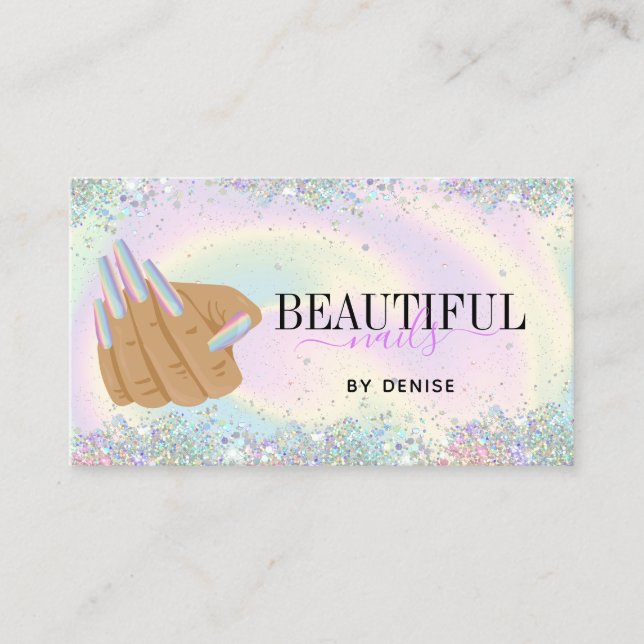 holographic nail salon woman hand nails technician business card (Front)