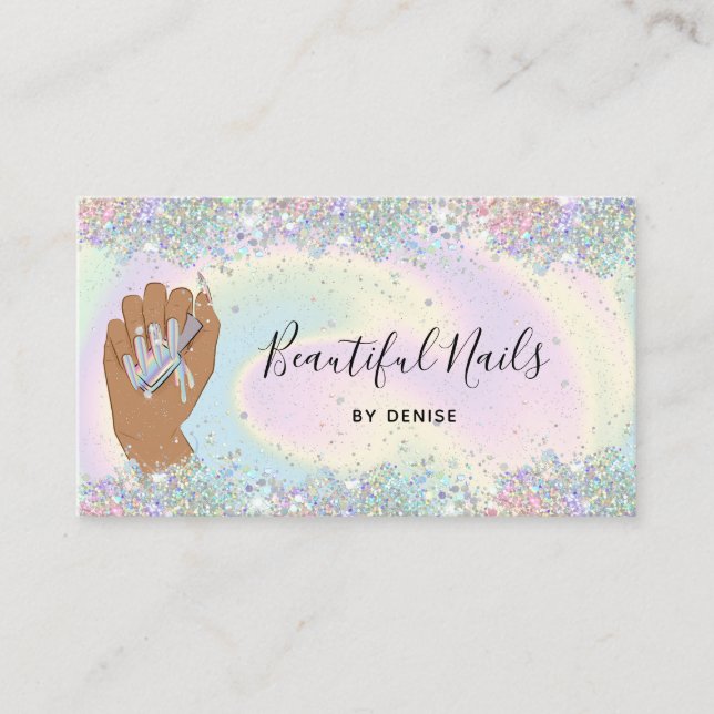 holographic nail salon woman hand nails technician business card (Front)
