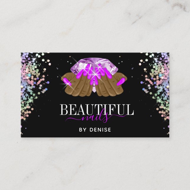 holographic nail salon woman hand nails technician business card (Front)