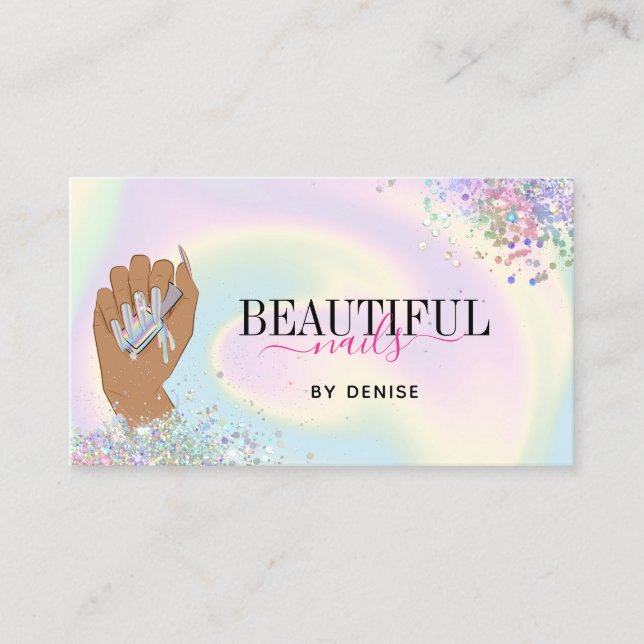 holographic nail salon woman hand nails technician business card (Front)
