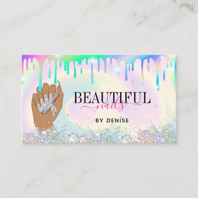 holographic nail salon woman hand nails technician business card (Front)