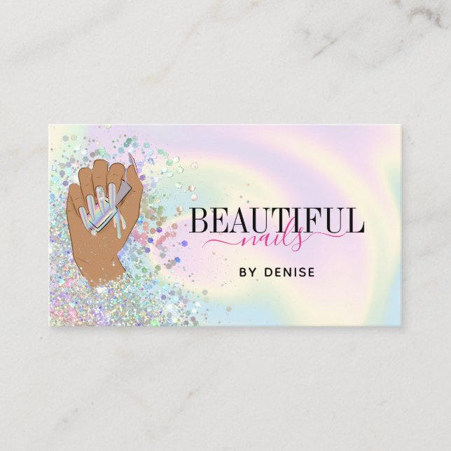 holographic nail salon woman hand nails technician business card (Front)
