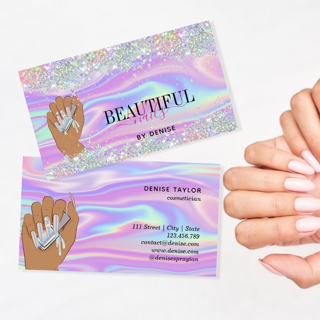 holographic nail salon woman hand nails technician business card (Creator Uploaded)