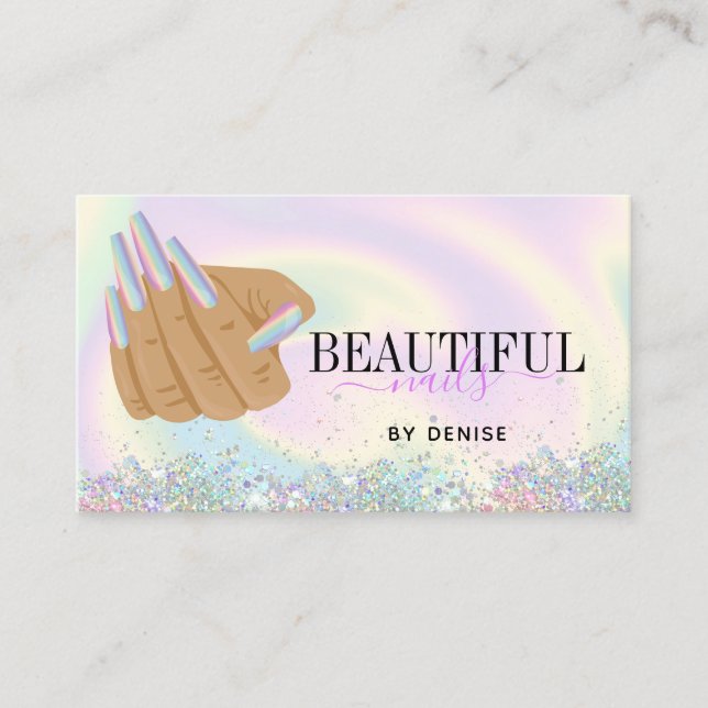 holographic nail salon woman hand nails technician business card (Front)