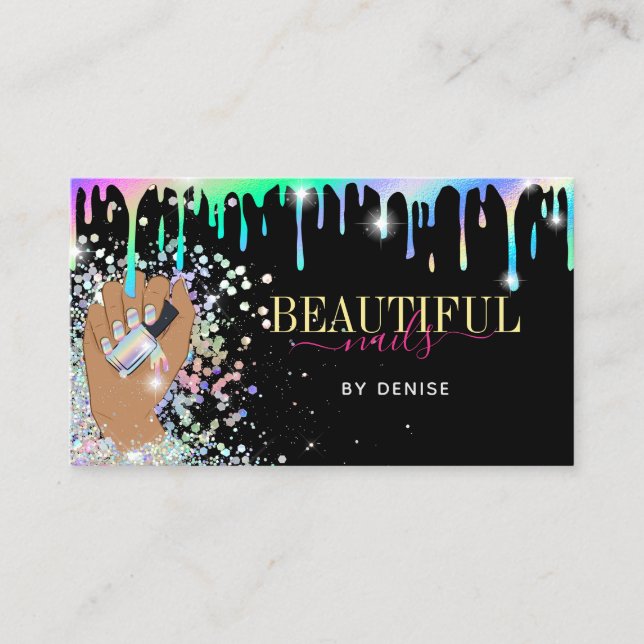 holographic nail salon woman hand nails technician business card (Front)