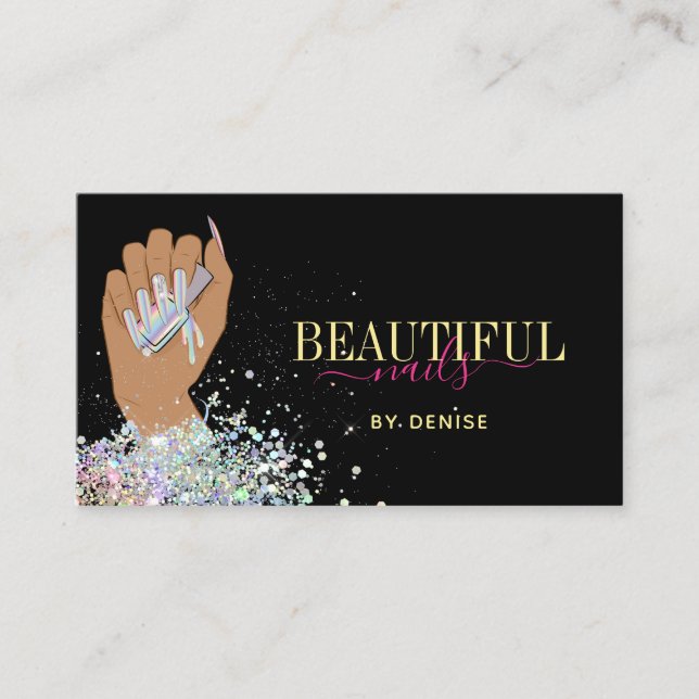 holographic nail salon woman hand nails technician business card (Front)