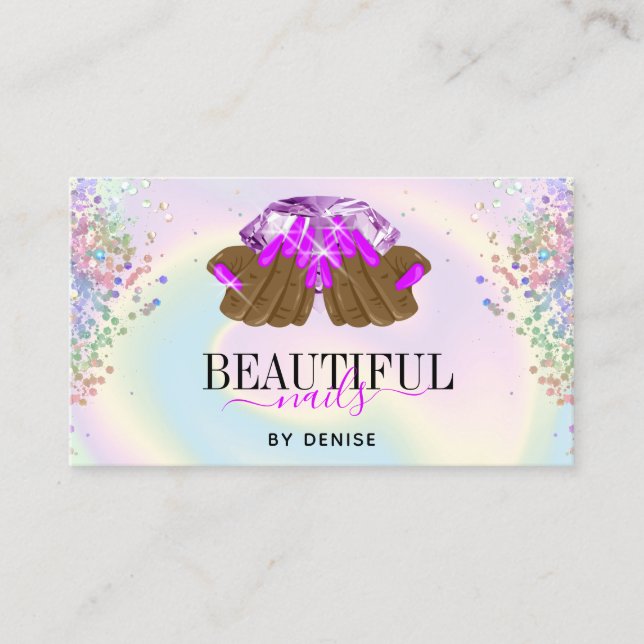 holographic nail salon woman hand nails technician business card (Front)