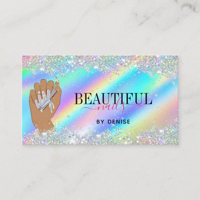 holographic nail salon woman hand nails technician business card (Front)