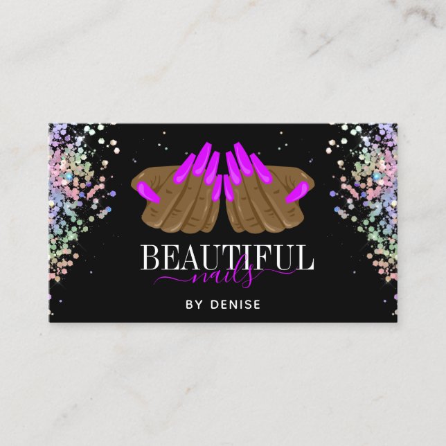 holographic nail salon woman hand nails technician business card (Front)