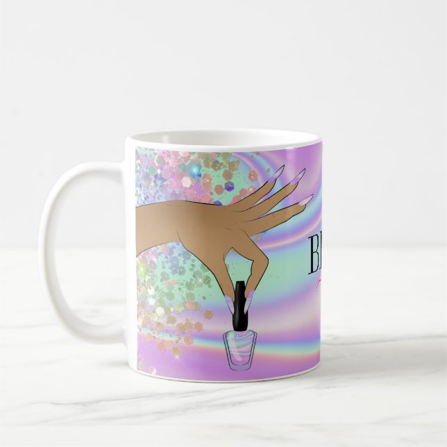 holographic nail salon woman hand nails technician coffee mug (Left)