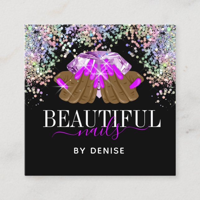 holographic nail salon woman hand nails technician square business card (Front)