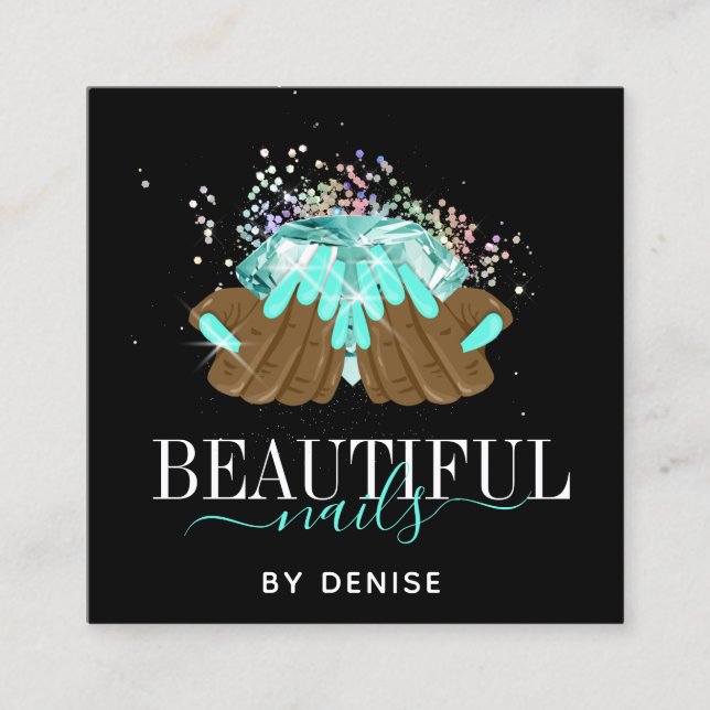 holographic nail salon woman hand nails technician square business card (Front)