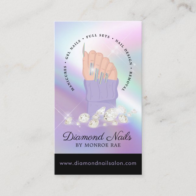 Holographic Nail Tech Nail Salon Trendy Hand Logo  Business Card (Front)