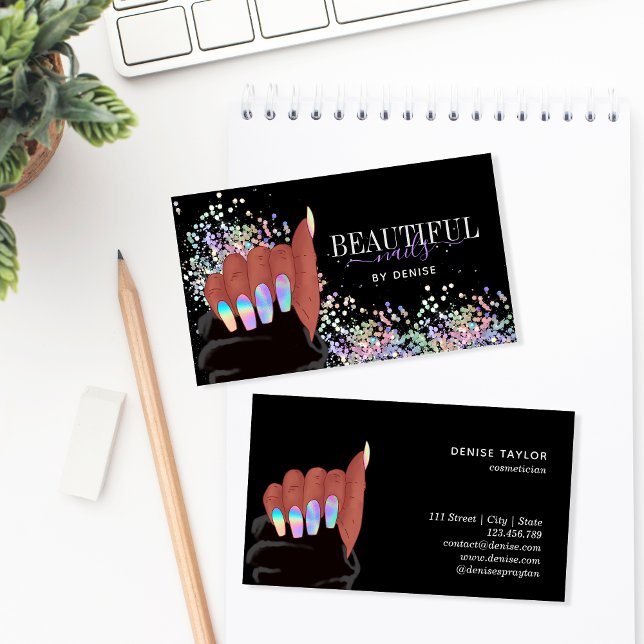holographic nails salon afroamerican hand  business card (Creator Uploaded)